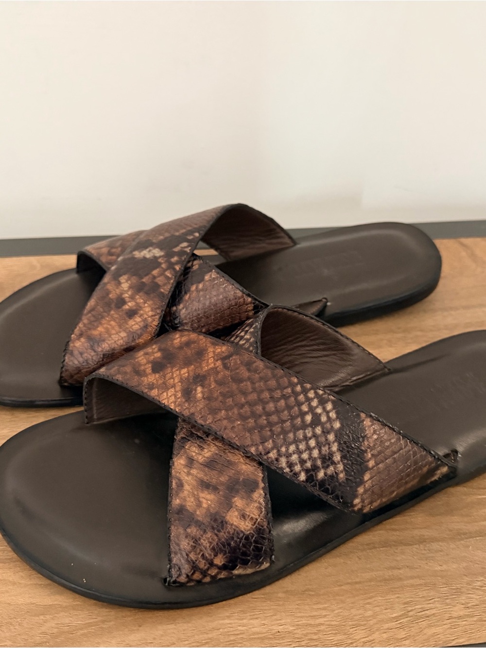 Brown Snake-Print Crisscross Slide Sandals